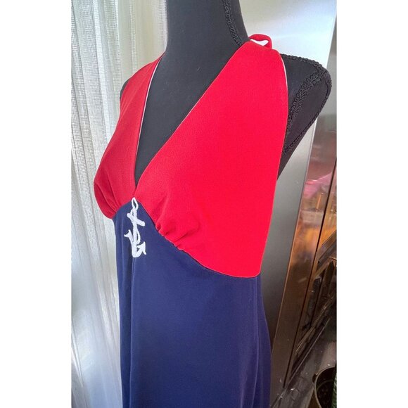 Vintage 70s halter dress, red and navy blue, polyester, nautical maxi, 8/10 (M) - Picture 4 of 10